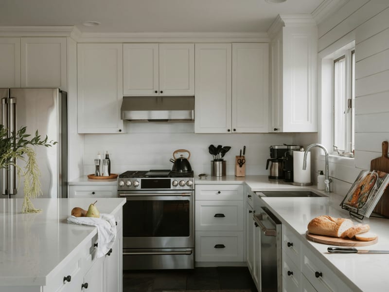 A stainless slide-in range with an overhead hood in a white fitted kitchen
